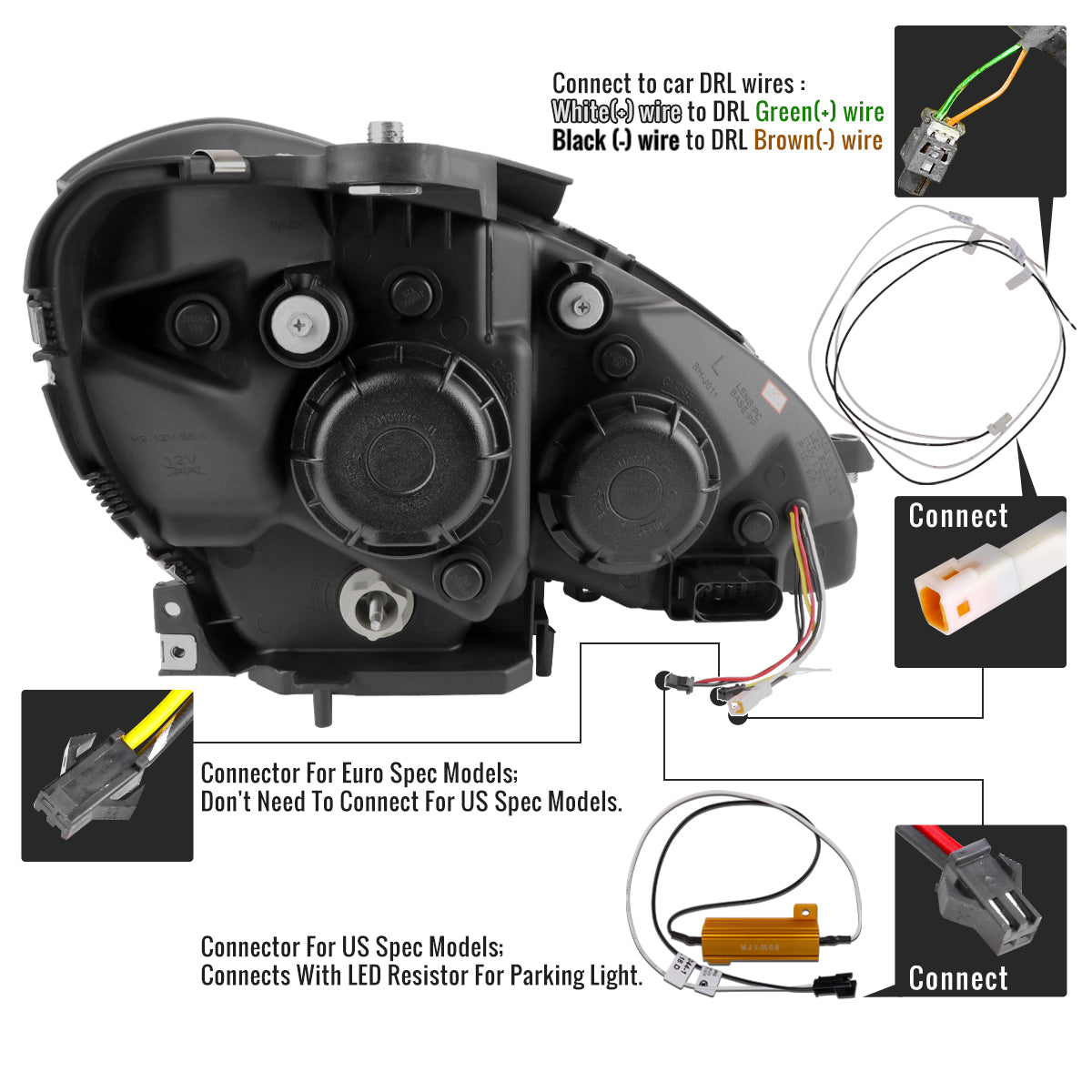 Ronnin - Fits 2012-2015 Mercedes-Benz W204 C-Class 2Dr 4Dr C180 C250 C350 2Dr Switchback LED Sequential Turn Signal Halogen Projector Headlights Assembly Pair | Chrome