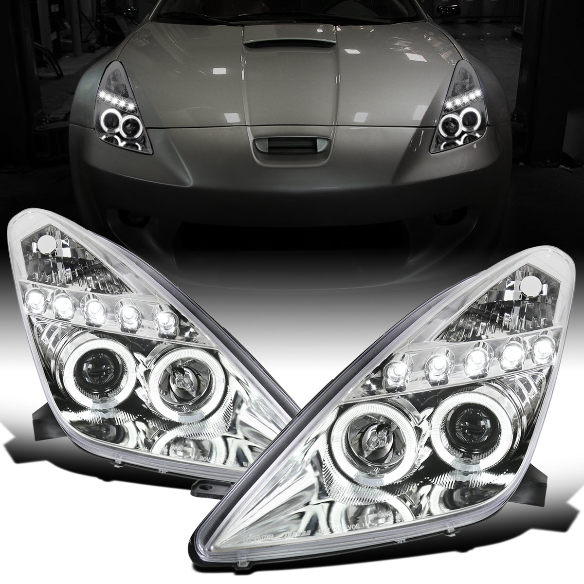 Ronnin - Fits 2000-2005 Toyota Celica LED Dual Rims Projector Headlights Assembly Replacement Pair | Chrome