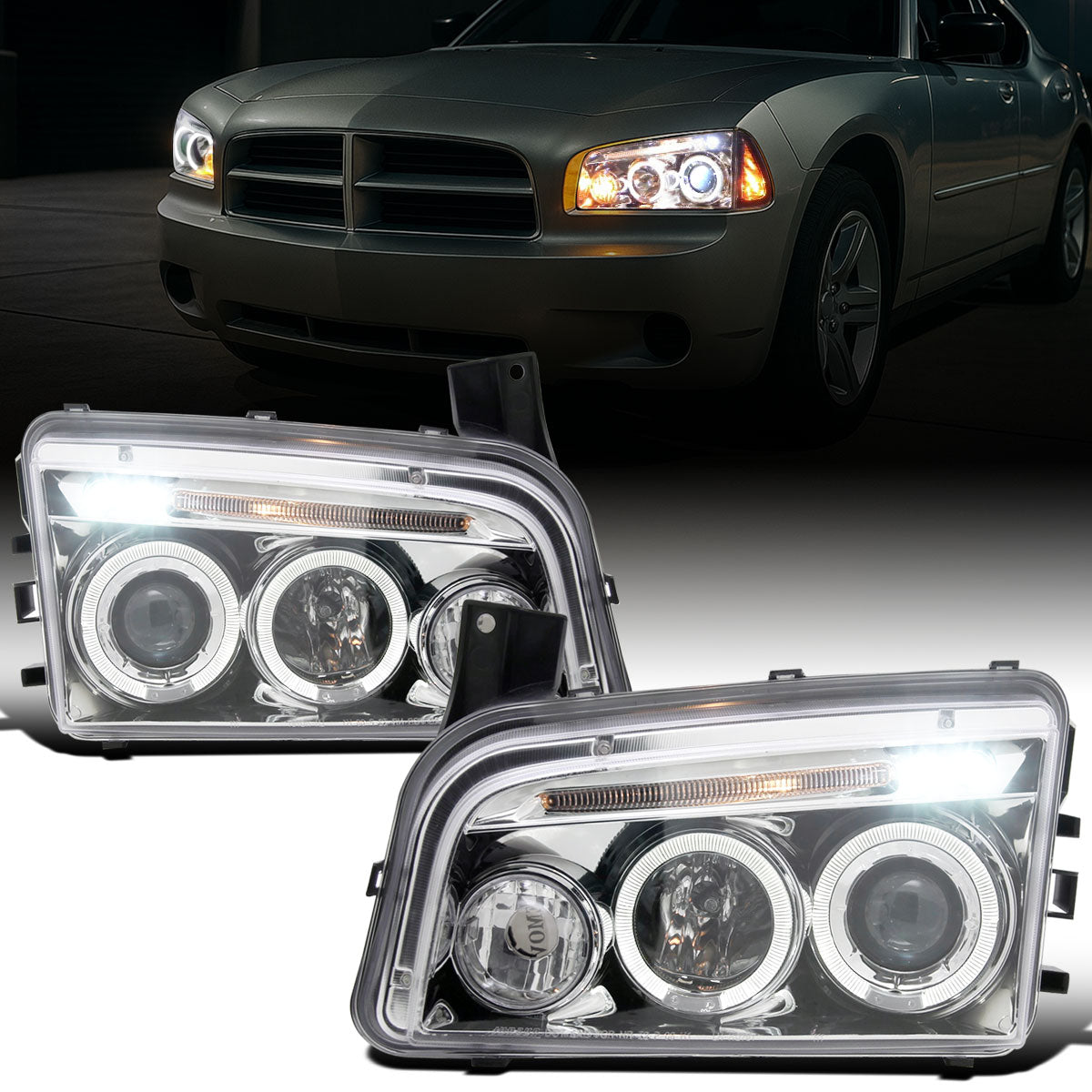 Ronnin - Fits 2006-2010 Dodge Charger LED Dual Rims Projector Halogen Headlights Assembly Pair | Chrome