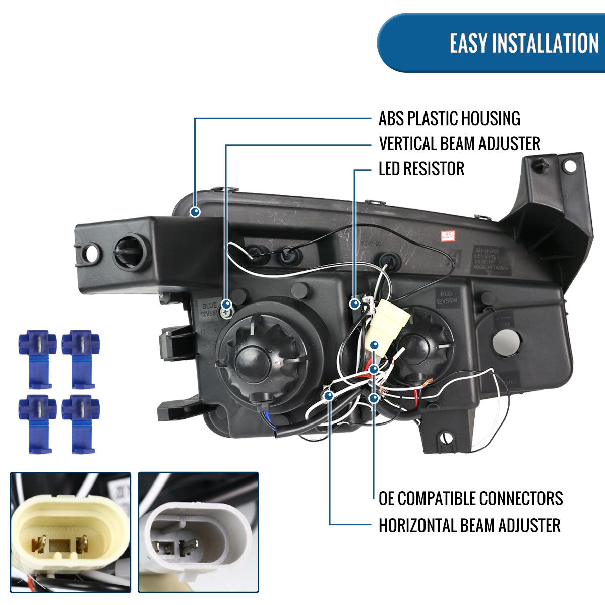 Ronnin - Fits 2006-2010 Dodge Charger LED Dual Rims Projector Halogen Headlights Assembly Pair | Gloss Black