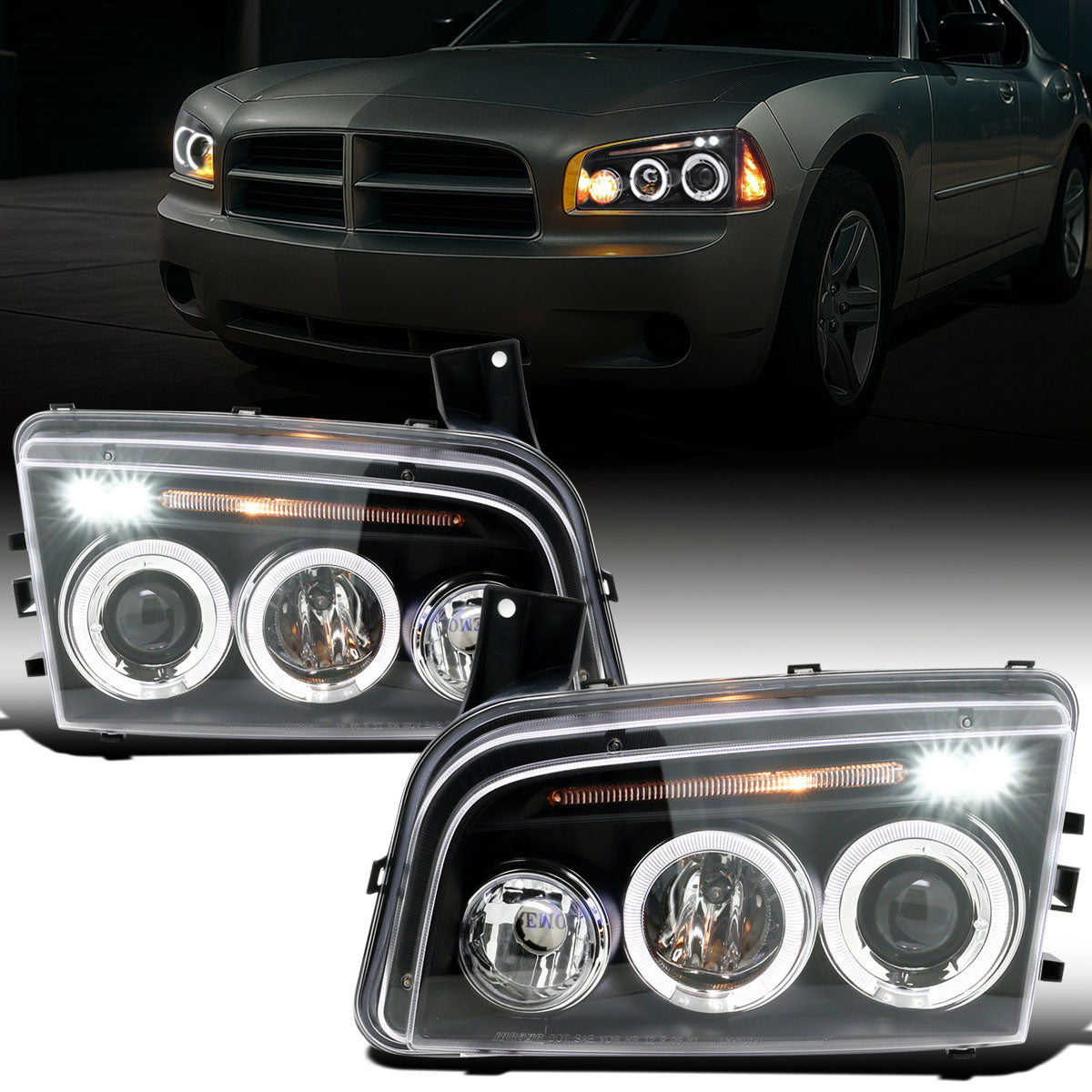 Ronnin - Fits 2006-2010 Dodge Charger LED Dual Rims Projector Halogen Headlights Assembly Pair | Black
