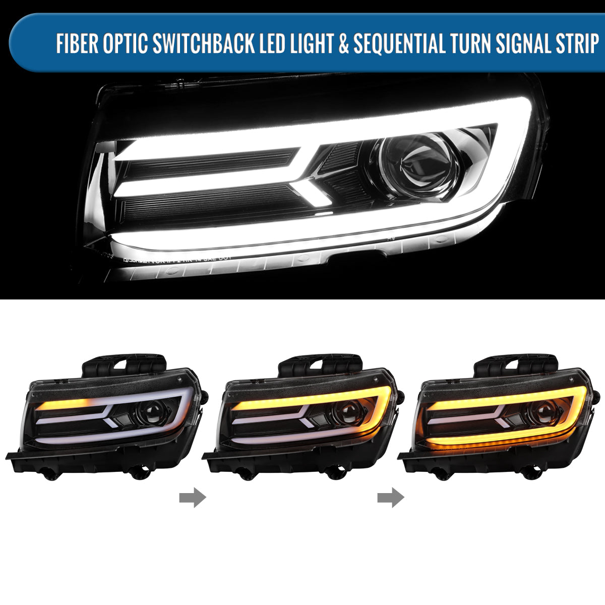 Ronnin - Fits 2014-2015 Chevy Camaro Halogen Projector Headlights Switchback LED Sequential Turn Signal Pair | Glossy Black