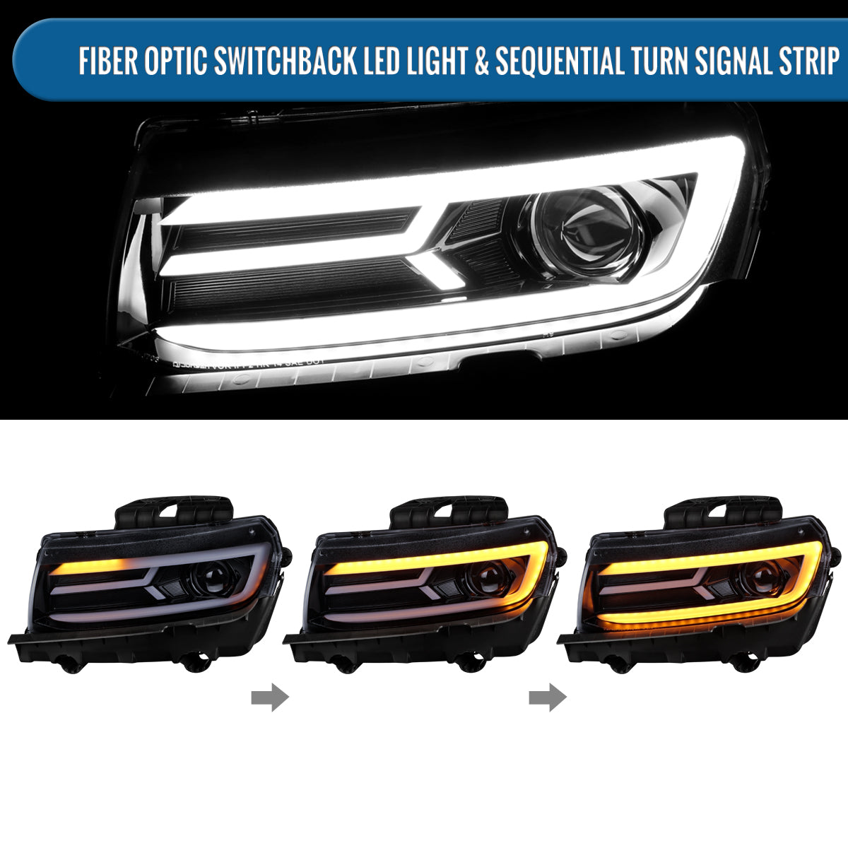 Ronnin - Fits 2014-2015 Chevy Camaro Halogen Projector Headlights Switchback LED Sequential Turn Signal Pair | Black Smoke