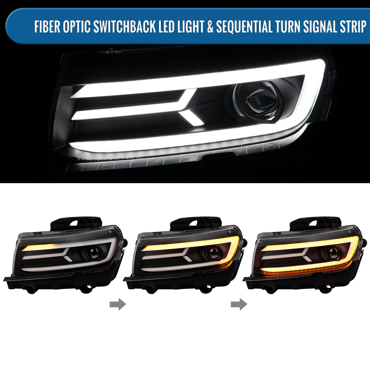 Ronnin - Fits 2014-2015 Chevy Camaro Halogen Projector Headlights Switchback LED Sequential Turn Signal Pair | Black