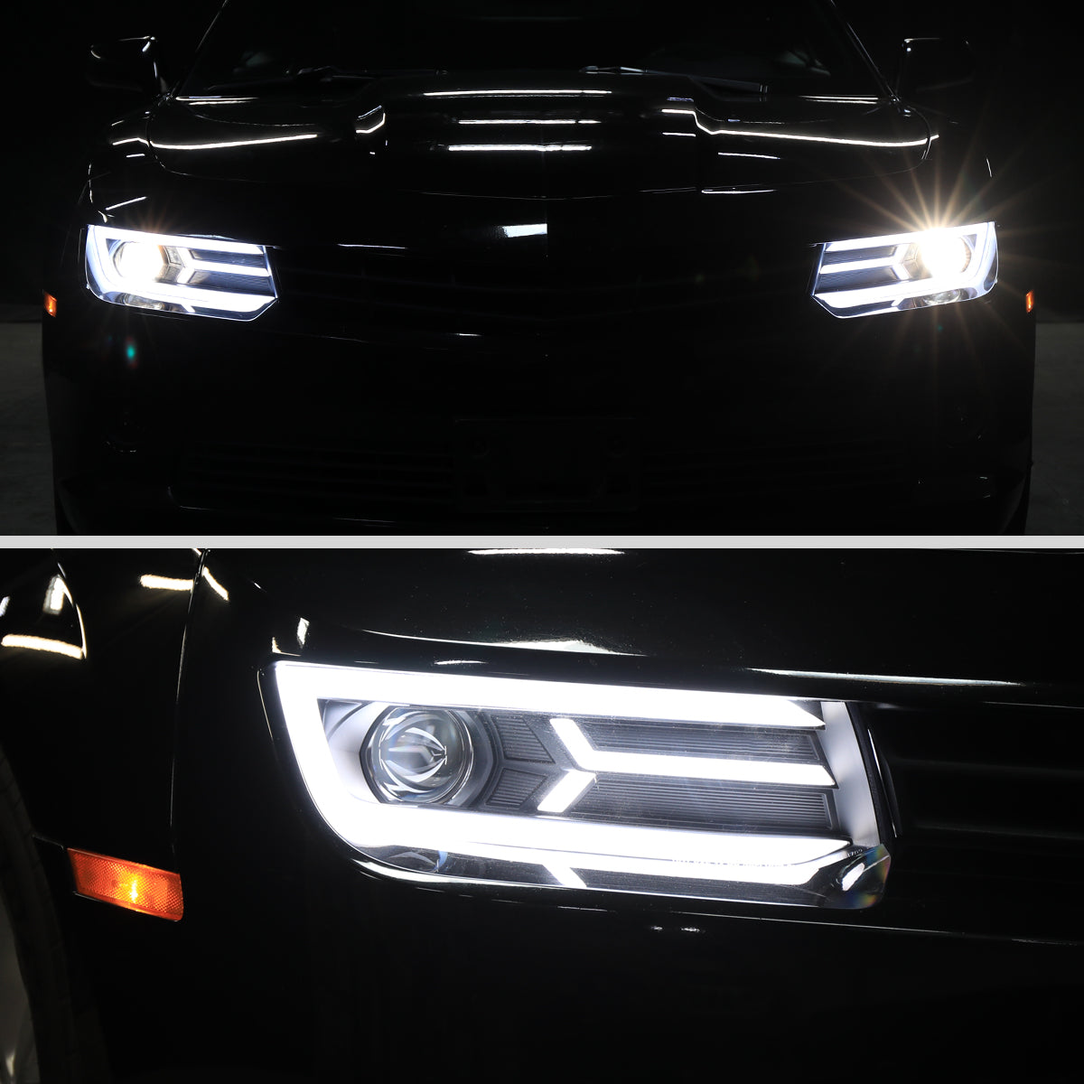 Ronnin - Fits 2014-2015 Chevy Camaro Halogen Projector Headlights Switchback LED Sequential Turn Signal Pair | Black