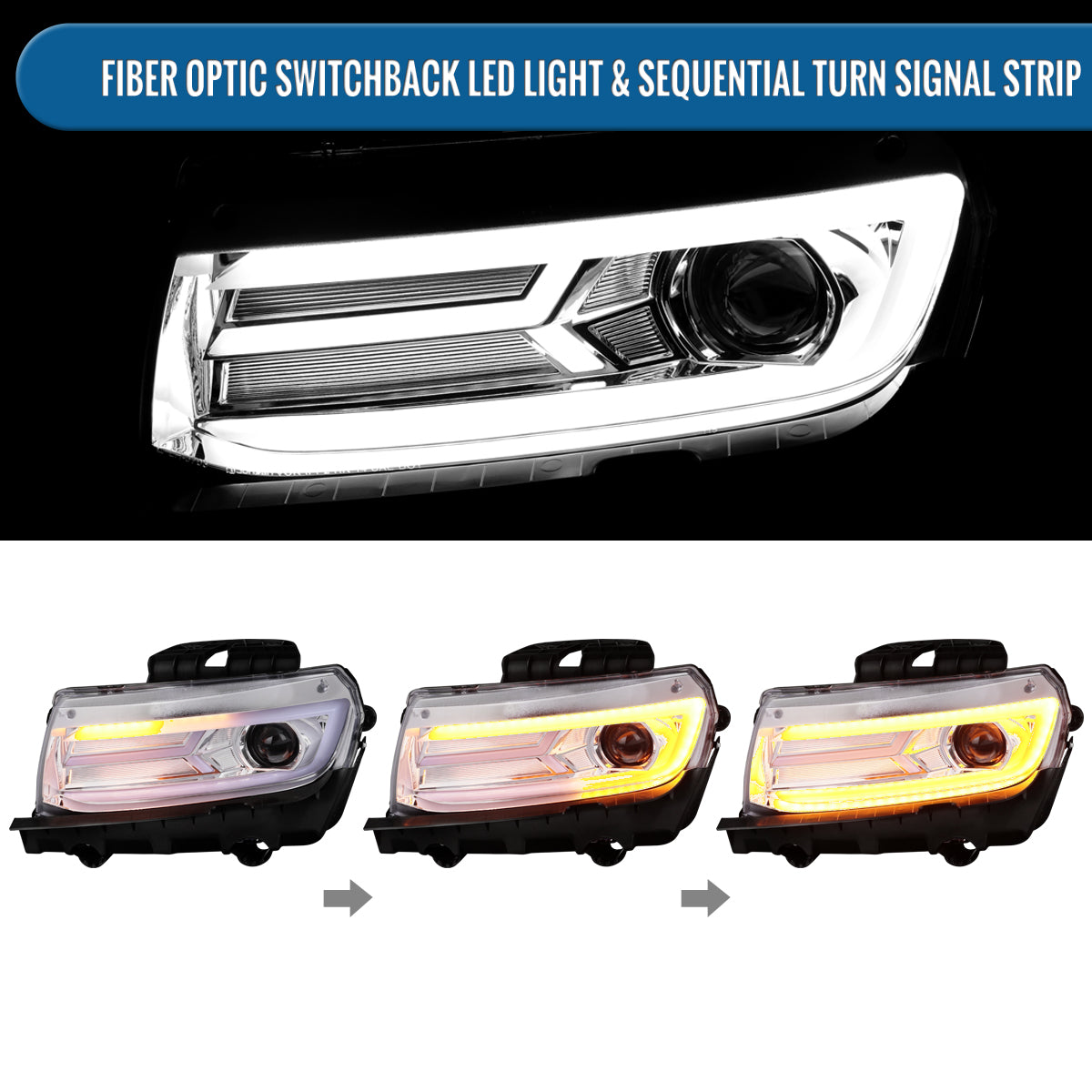 Ronnin - Fits 2014-2015 Chevy Camaro Halogen Projector Headlights Switchback LED Sequential Turn Signal Pair | Chrome