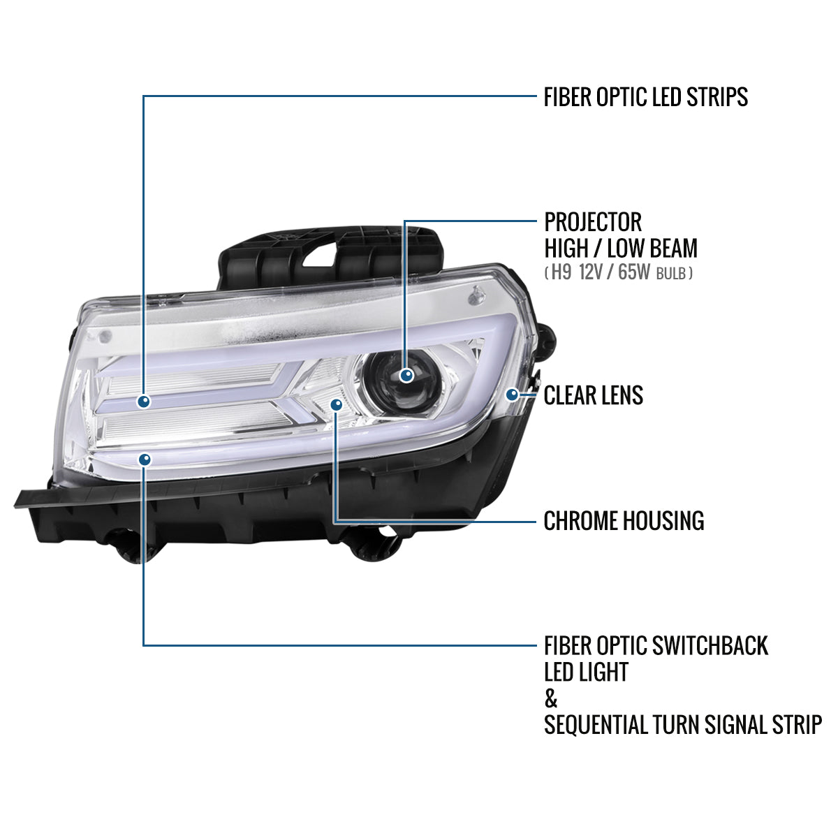 Ronnin - Fits 2014-2015 Chevy Camaro Halogen Projector Headlights Switchback LED Sequential Turn Signal Pair | Chrome