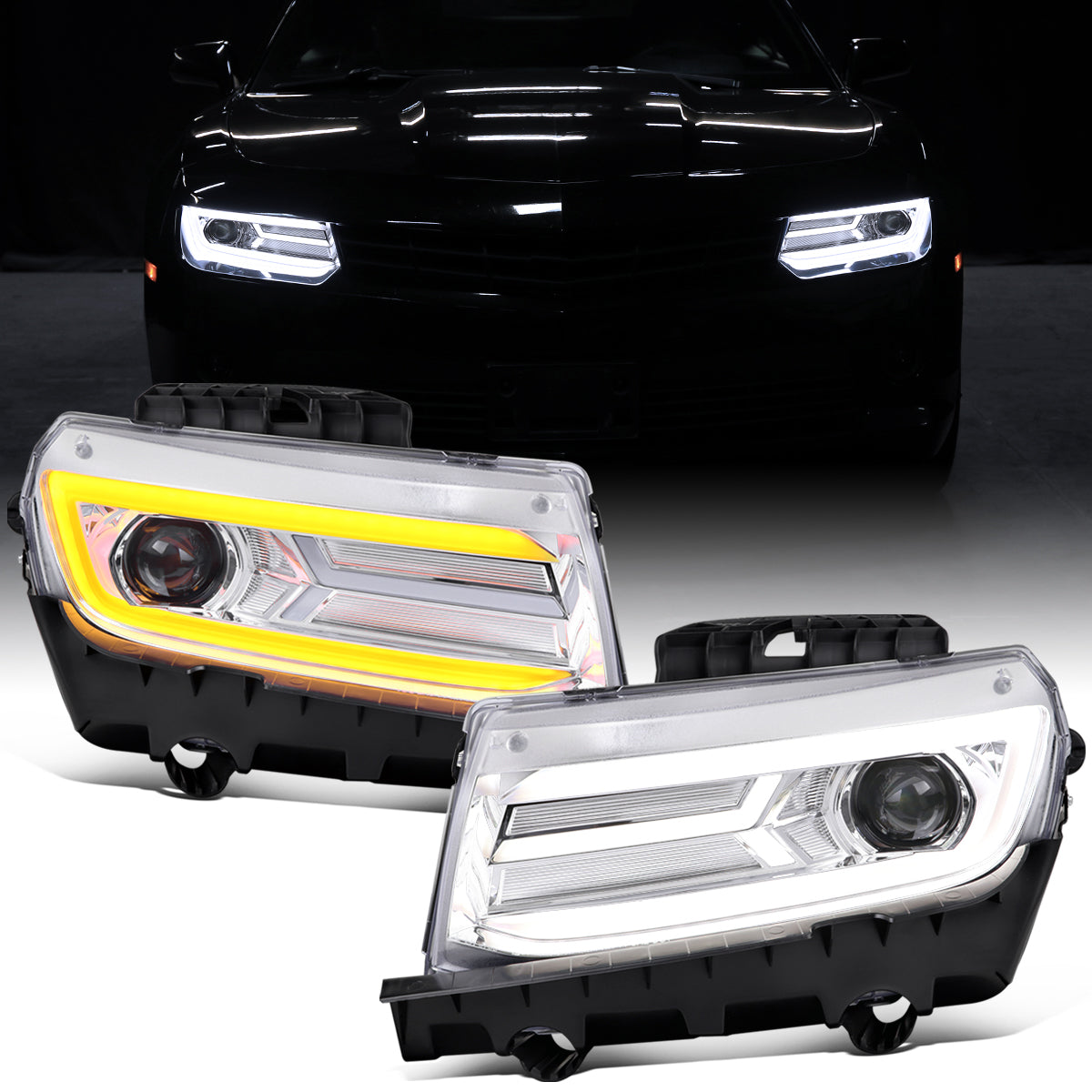 Ronnin - Fits 2014-2015 Chevy Camaro Halogen Projector Headlights Switchback LED Sequential Turn Signal Pair | Chrome