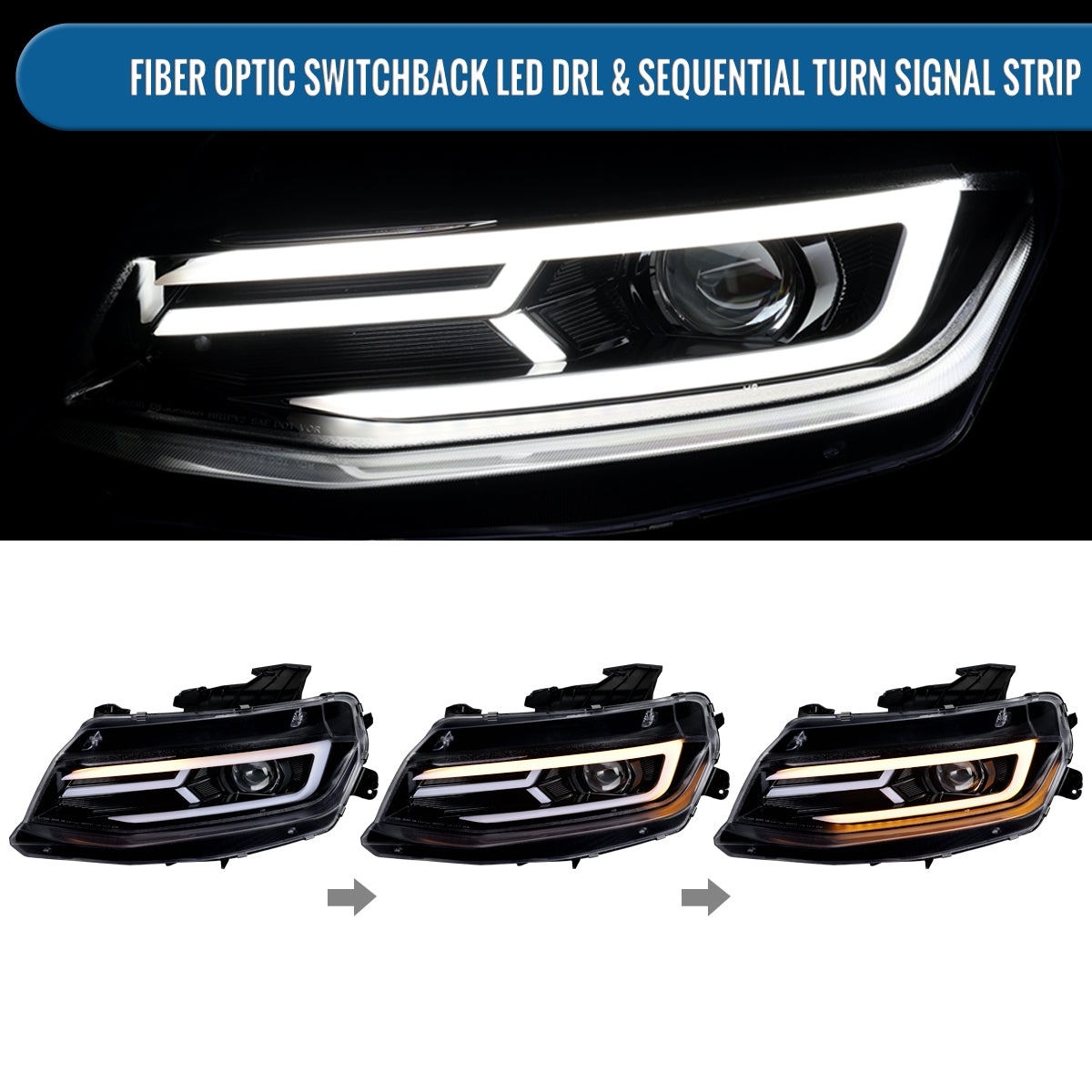 Ronnin - Fits 2016-2018 Chevy Camaro Halogen Projector Headlights Switchback LED Sequential Turn Signal and DRL Pair | Glossy Black