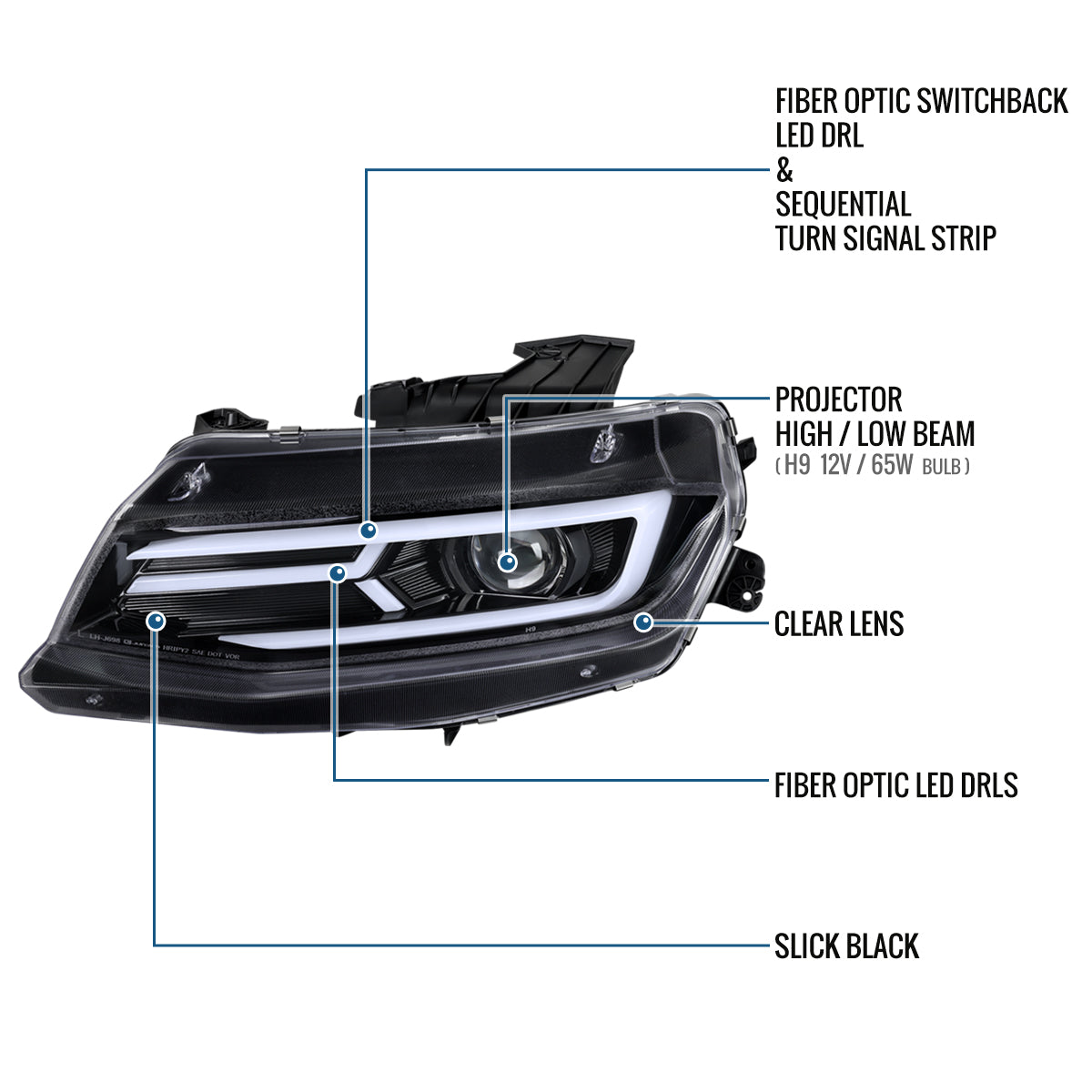 Ronnin - Fits 2016-2018 Chevy Camaro Halogen Projector Headlights Switchback LED Sequential Turn Signal and DRL Pair | Glossy Black