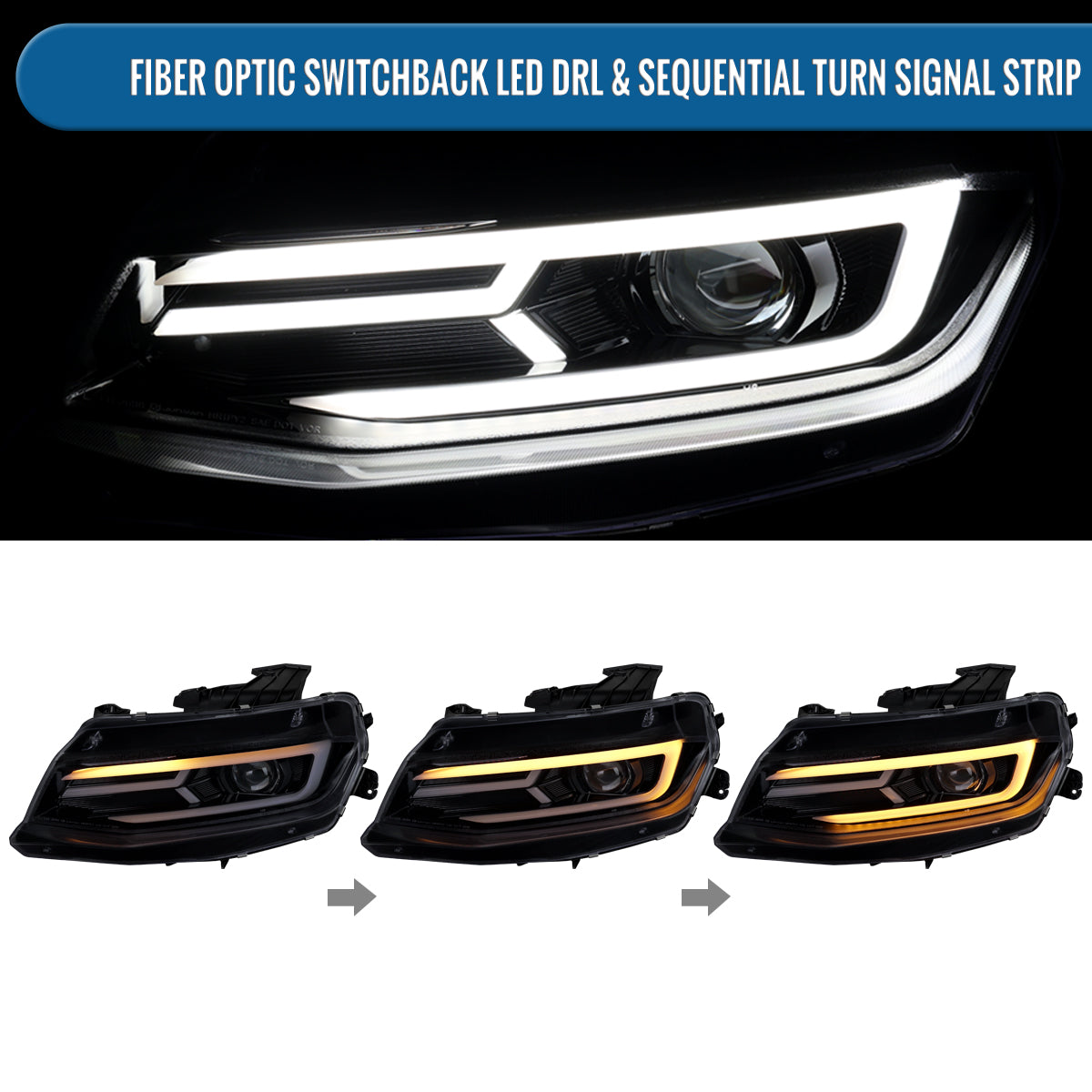 Ronnin - Fits 2016-2018 Chevy Camaro Halogen Projector Headlights Switchback LED Sequential Turn Signal and DRL Pair | Black Smoke