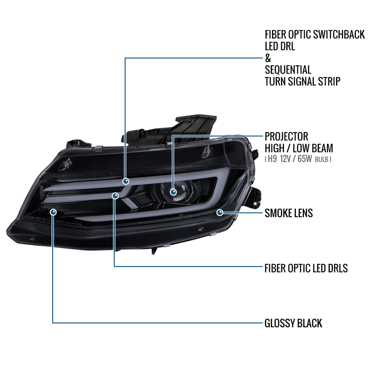 Ronnin - Fits 2016-2018 Chevy Camaro Halogen Projector Headlights Switchback LED Sequential Turn Signal and DRL Pair | Black Smoke