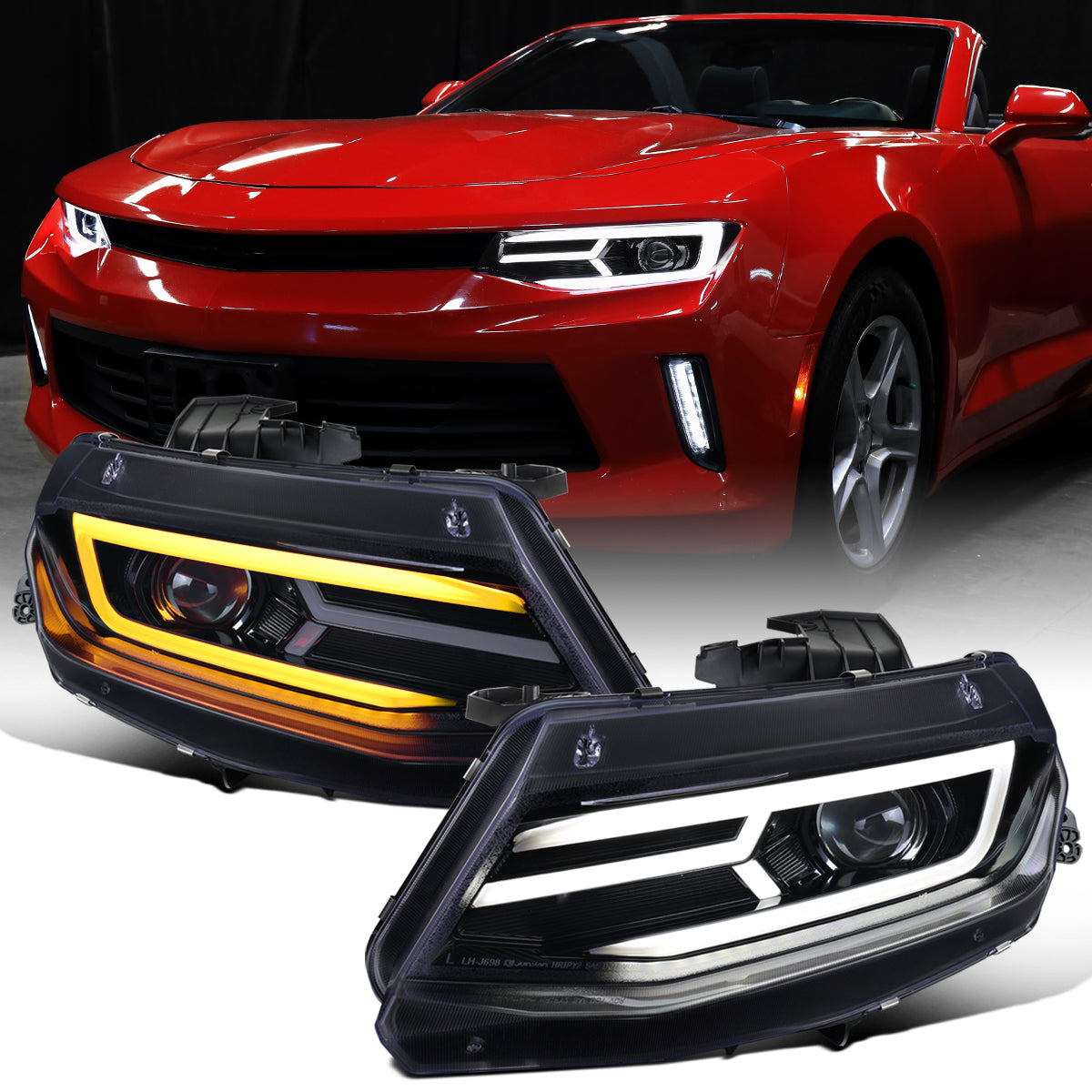 Ronnin - Fits 2016-2018 Chevy Camaro Halogen Projector Headlights Switchback LED Sequential Turn Signal and DRL Pair | Black Smoke