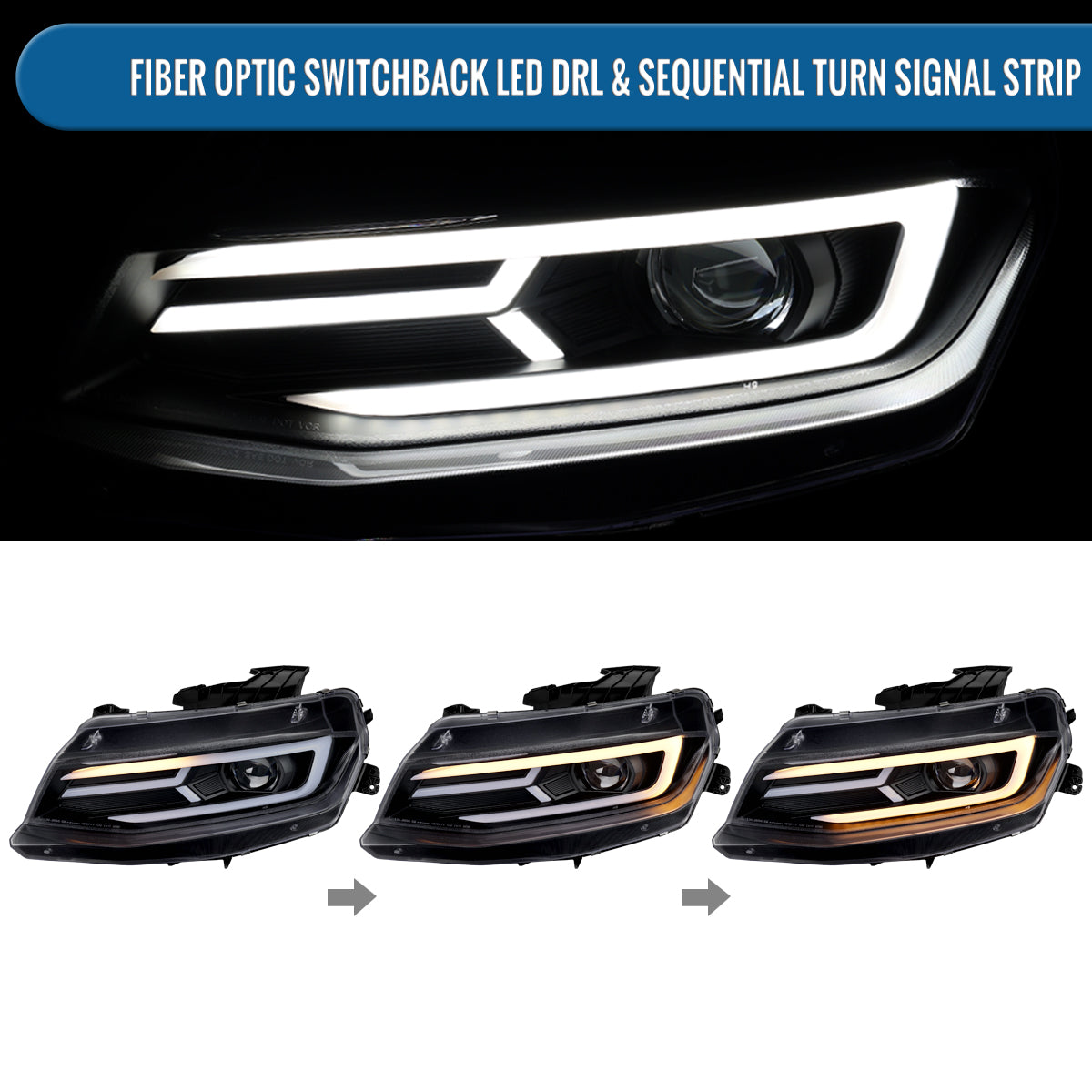 Ronnin - Fits 2016-2018 Chevy Camaro Halogen Projector Headlights Switchback LED Sequential Turn Signal and DRL Pair | Black