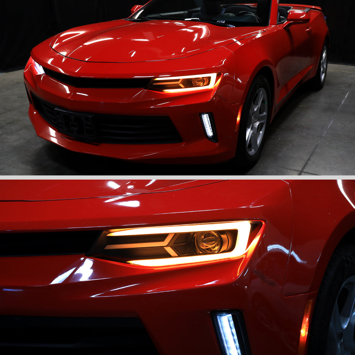 Ronnin - Fits 2016-2018 Chevy Camaro Halogen Projector Headlights Switchback LED Sequential Turn Signal and DRL Pair | Glossy Black