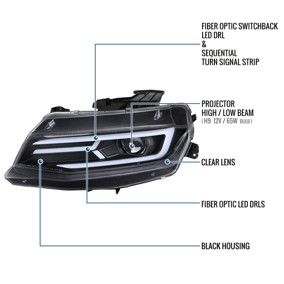 Ronnin - Fits 2016-2018 Chevy Camaro Halogen Projector Headlights Switchback LED Sequential Turn Signal and DRL Pair | Black