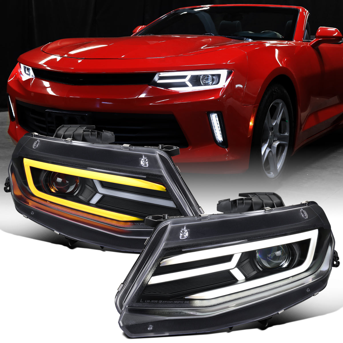 Ronnin - Fits 2016-2018 Chevy Camaro Halogen Projector Headlights Switchback LED Sequential Turn Signal and DRL Pair | Black