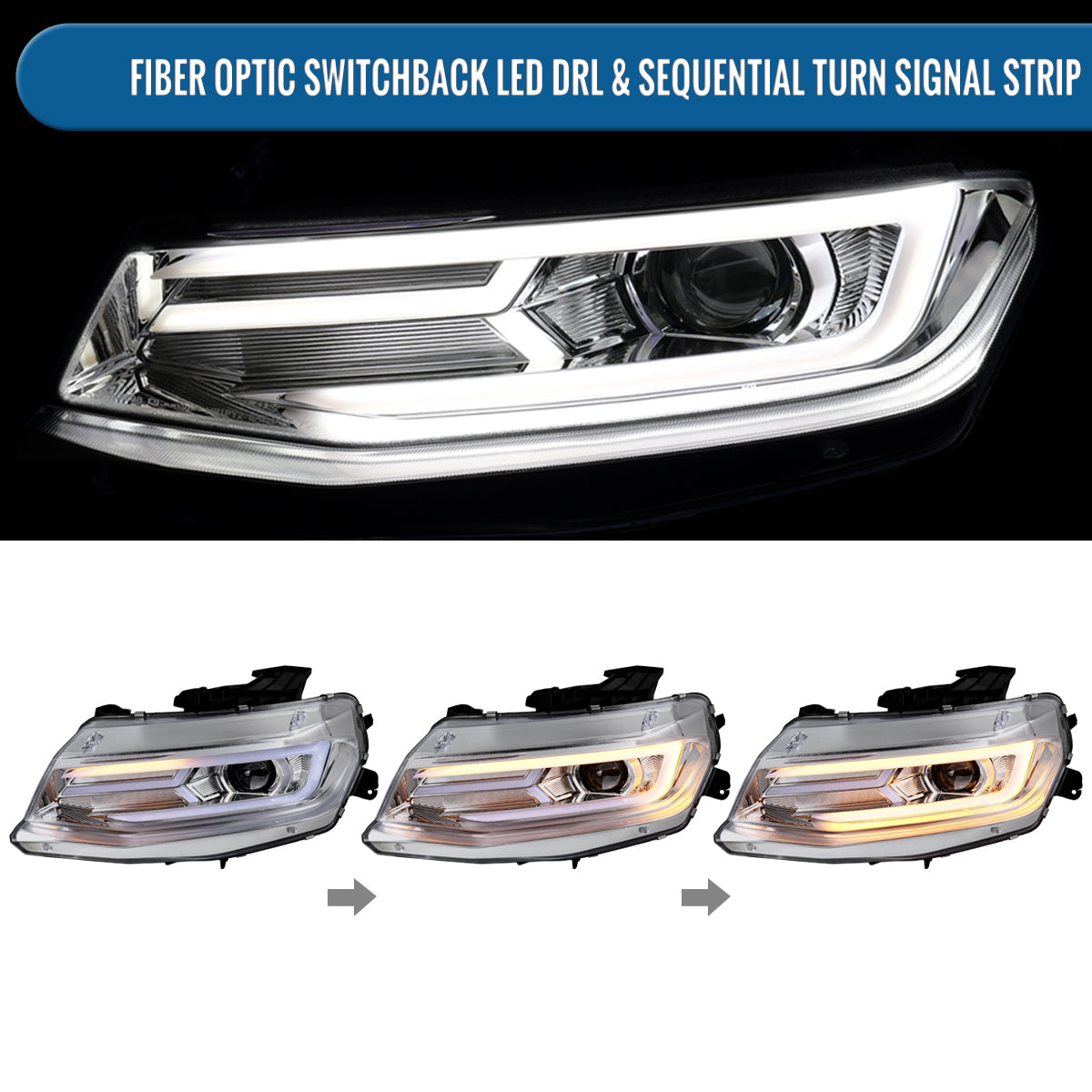 Ronnin - Fits 2016-2018 Chevy Camaro Halogen Projector Headlights Switchback LED Sequential Turn Signal and DRL Pair | Chrome