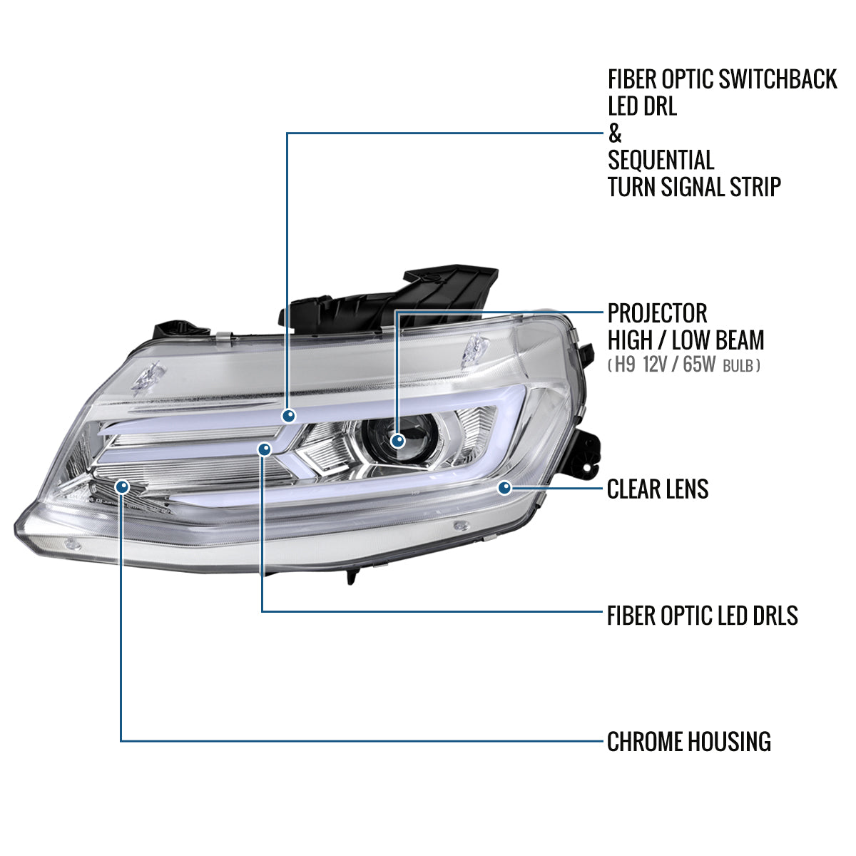 Ronnin - Fits 2016-2018 Chevy Camaro Halogen Projector Headlights Switchback LED Sequential Turn Signal and DRL Pair | Chrome