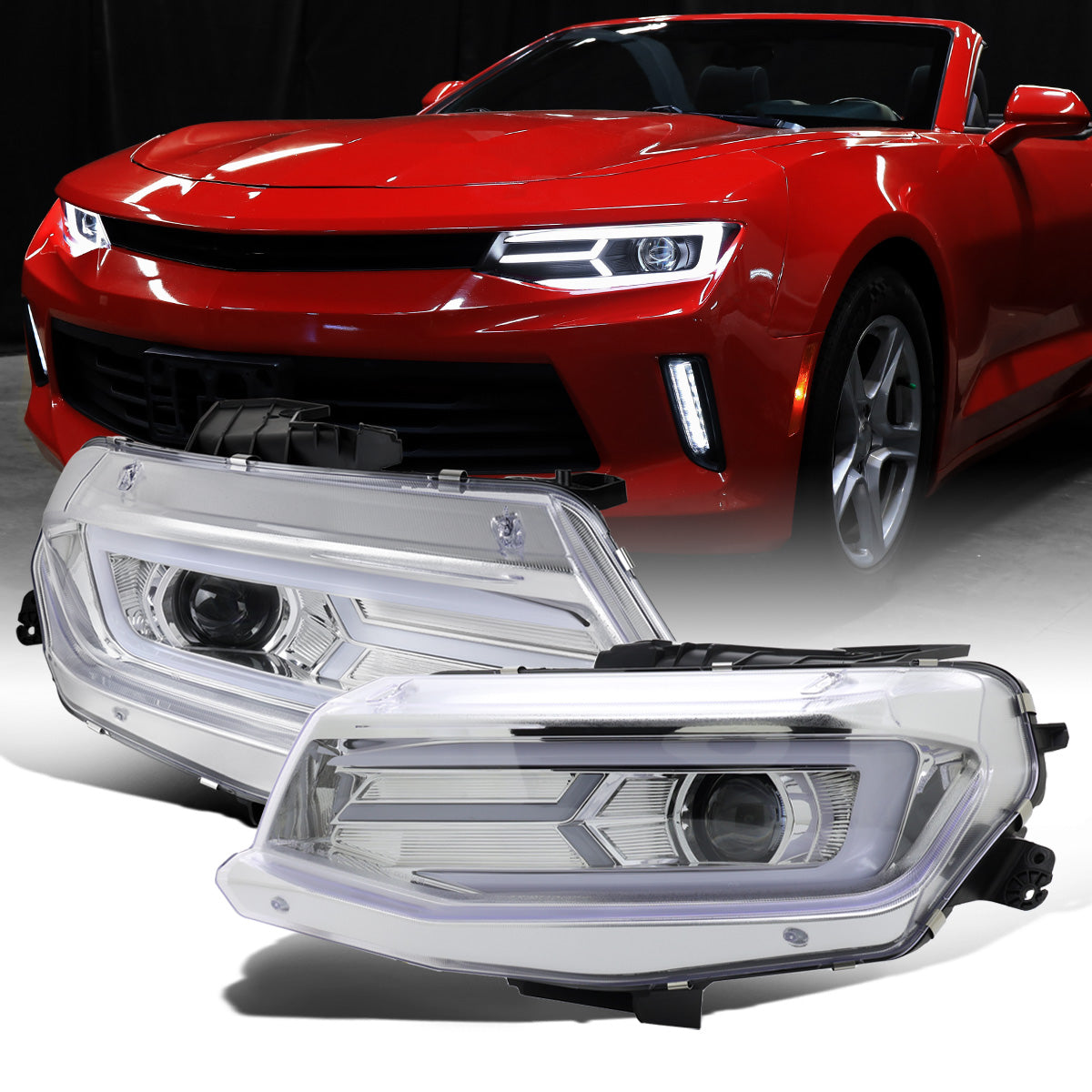 Ronnin - Fits 2016-2018 Chevy Camaro Halogen Projector Headlights Switchback LED Sequential Turn Signal and DRL Pair | Chrome