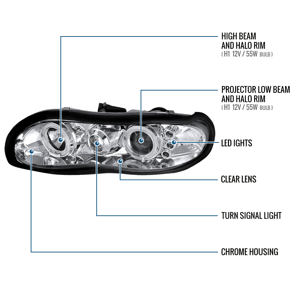 Ronnin - Fits 1998-2002 Chevy Camaro Upgrade Replacement LED Dual Halo Rims Projector Headlights Assembly Pair | Chrome