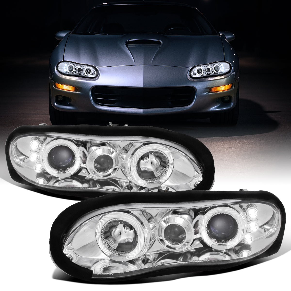 Ronnin - Fits 1998-2002 Chevy Camaro Upgrade Replacement LED Dual Halo Rims Projector Headlights Assembly Pair | Chrome