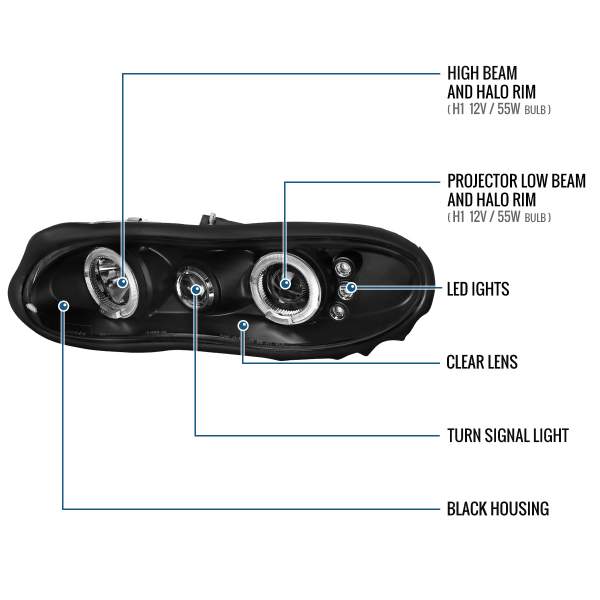 Ronnin - Fits 1998-2002 Chevy Camaro Upgrade Replacement LED Dual Halo Rims Projector Headlights Assembly Pair | Black