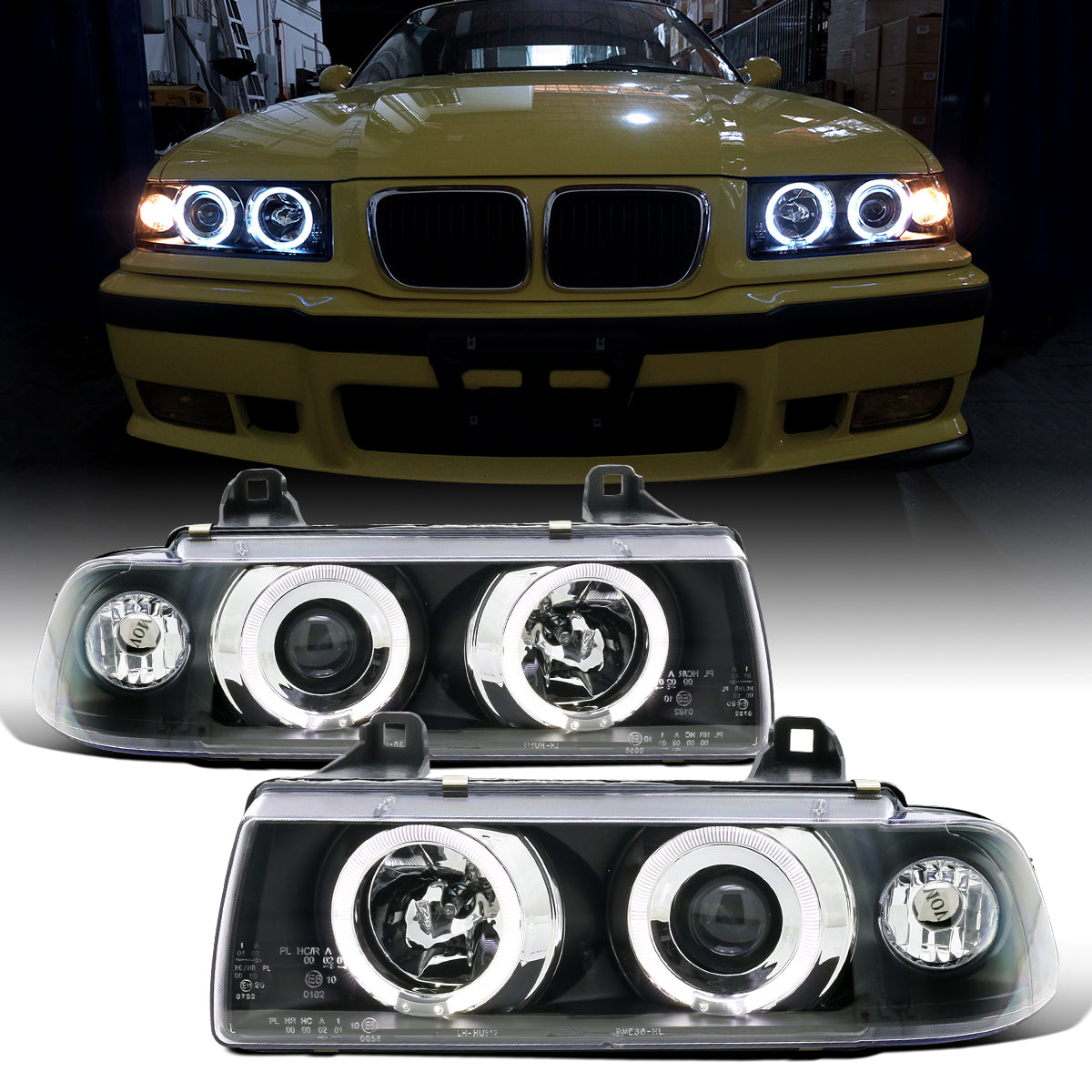 Ronnin - Fits 1992-1998 BMW E36 3-Series 318i 325i 328i LED Dual Rims Headlights Assembly Pair | Black