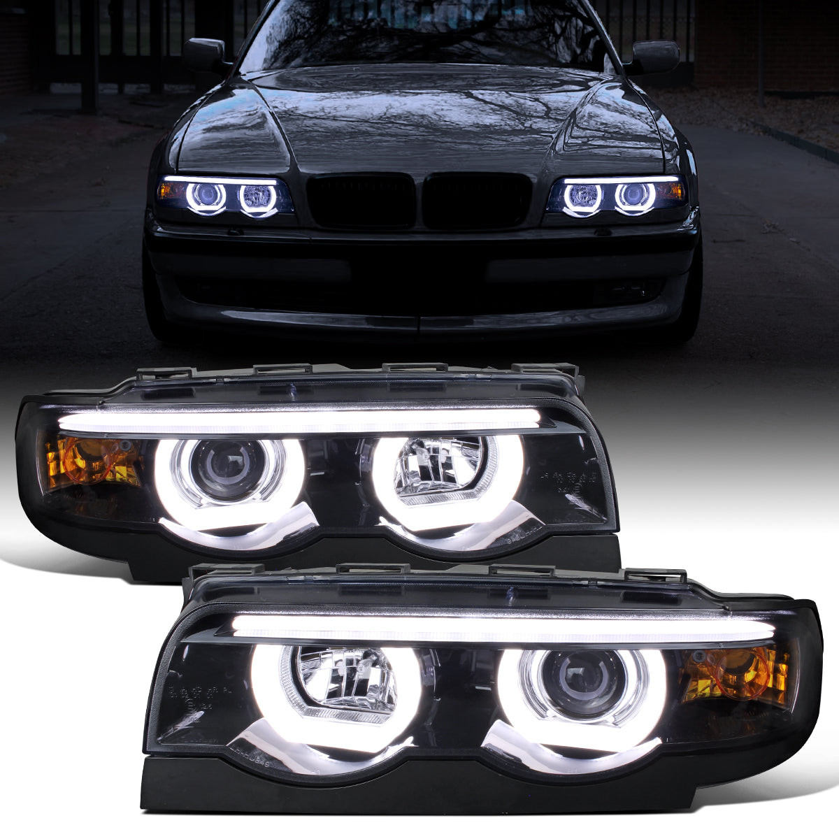 Ronnin - Fits 1995-2001 BMW E38 7-Series 740i 740iL Upgrade Projector Halogen Headlights Assembly Pair | Black Smoke