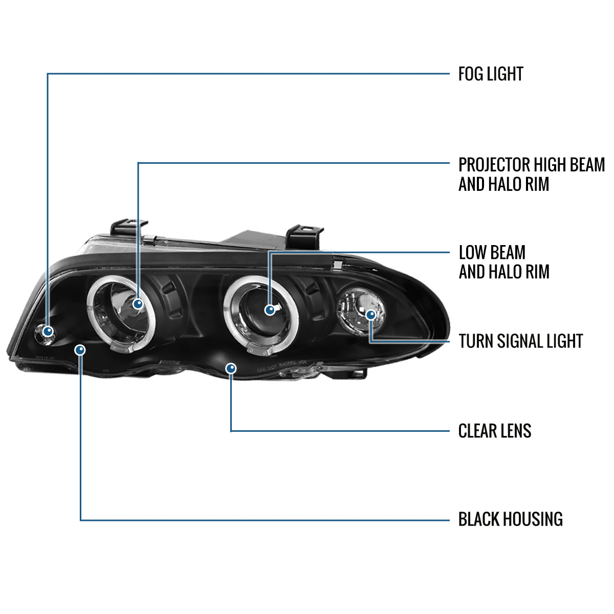 Ronnin - Fits 1999-2001 BMW E46 3-Series Sedan 323i 328i 325i 330i LED Dual Rims Headlights Clear Reflector Assembly Pair | Black