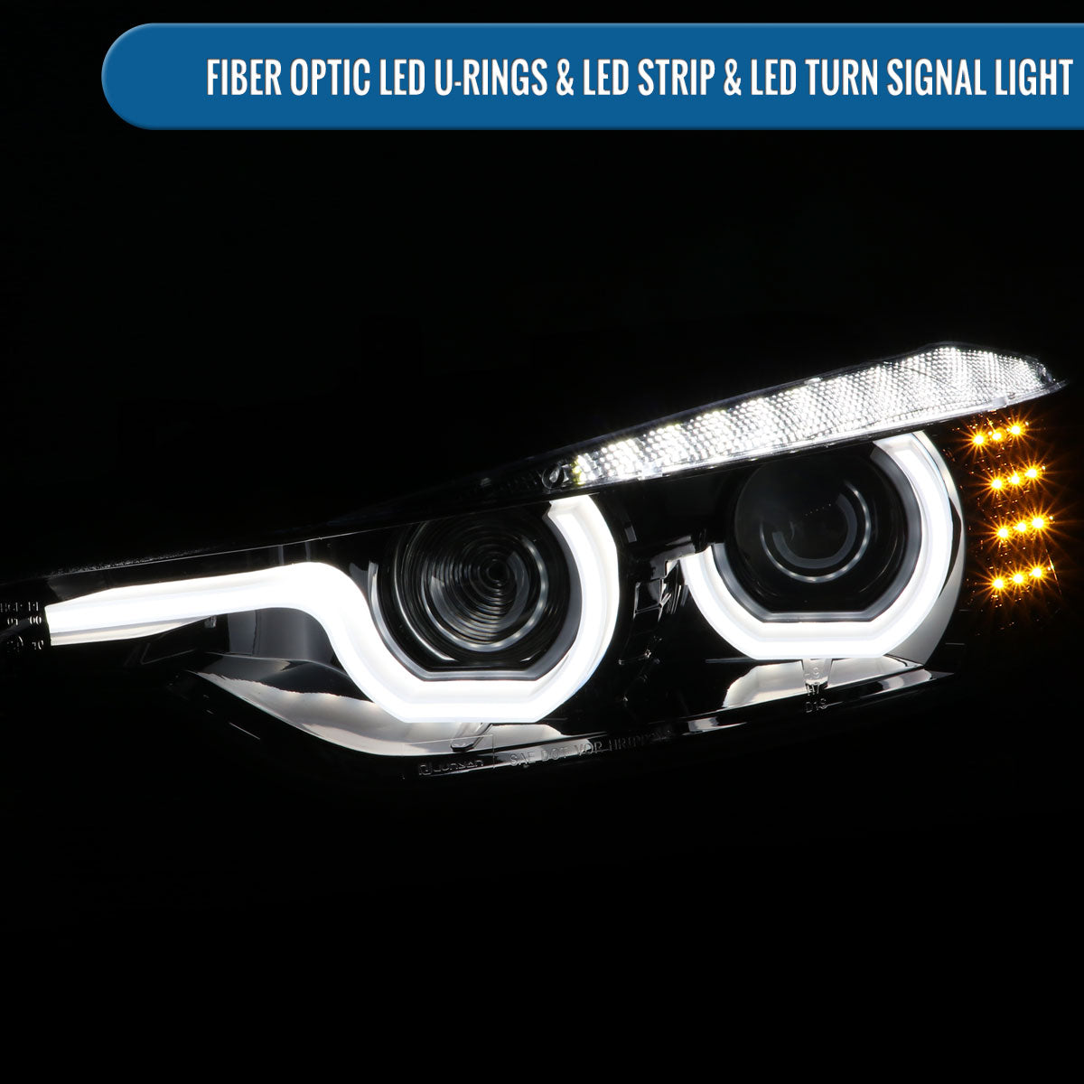 Ronnin -  Fits 2012-2015 BMW F30 3-Series Sedan 328i 335i 320i Xenon Non-AFS Upgraded U-Shaped LED Tube Projector Headlights Assembly Pair | Gloss Black