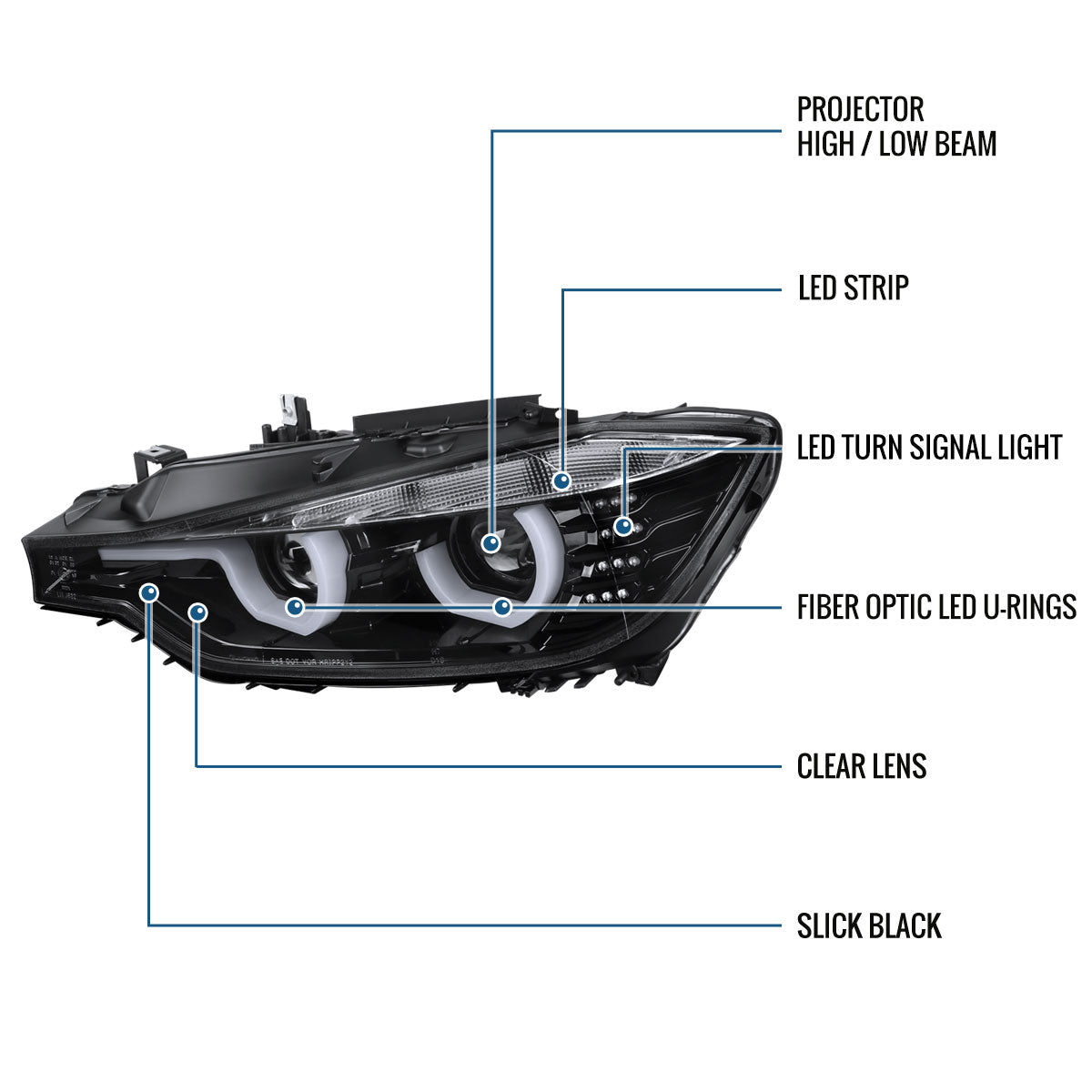 Ronnin -  Fits 2012-2015 BMW F30 3-Series Sedan 328i 335i 320i Xenon Non-AFS Upgraded U-Shaped LED Tube Projector Headlights Assembly Pair | Gloss Black