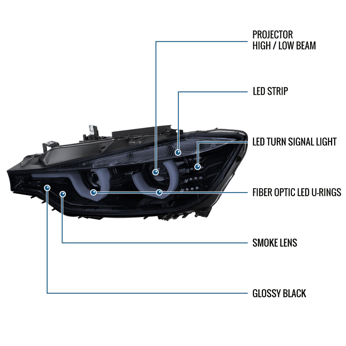 Ronnin -  Fits 2012-2015 BMW F30 3-Series Sedan 328i 335i 320i Xenon Non-AFS Upgraded U-Shaped LED Tube Projector Headlights Assembly Pair | Black Smoke