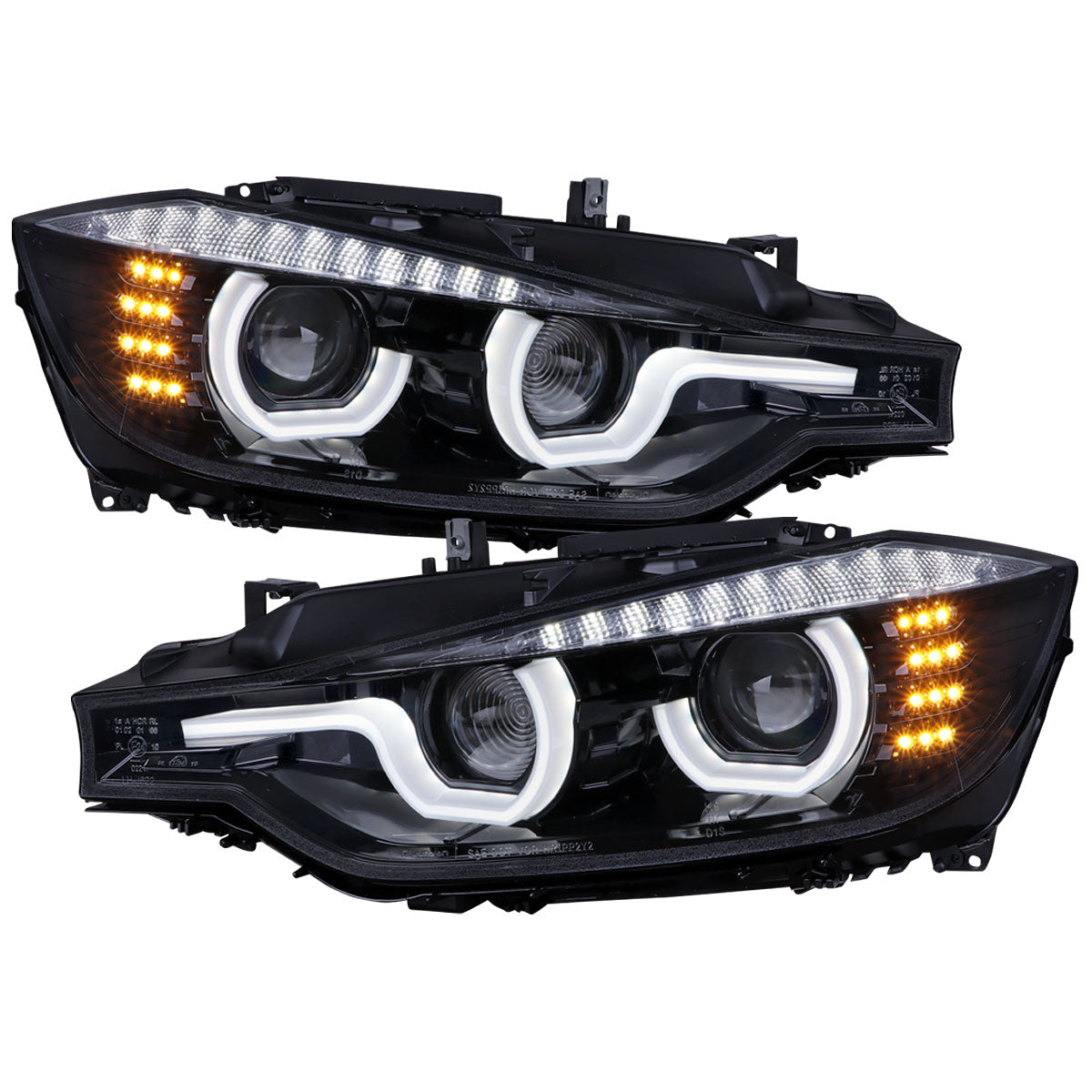 Ronnin -  Fits 2012-2015 BMW F30 3-Series Sedan 328i 335i 320i Xenon Non-AFS Upgraded U-Shaped LED Tube Projector Headlights Assembly Pair | Black Smoke