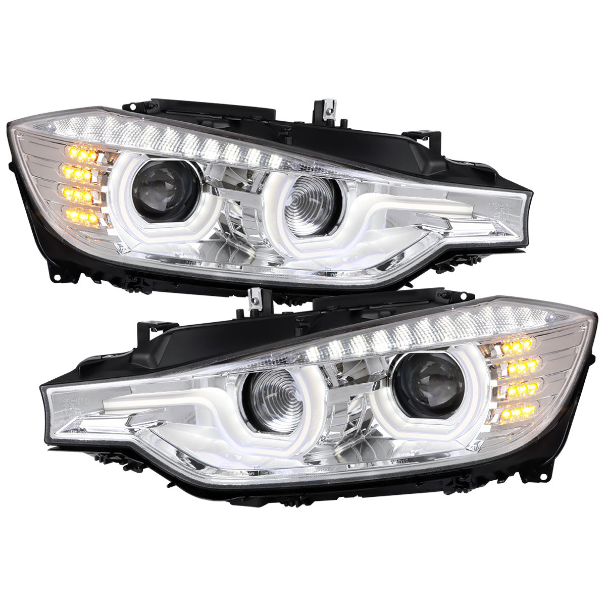 Ronnin -  Fits 2012-2015 BMW F30 3-Series Sedan 328i 335i 320i Xenon Non-AFS Upgraded U-Shaped LED Tube Projector Headlights Assembly Pair | Chrome