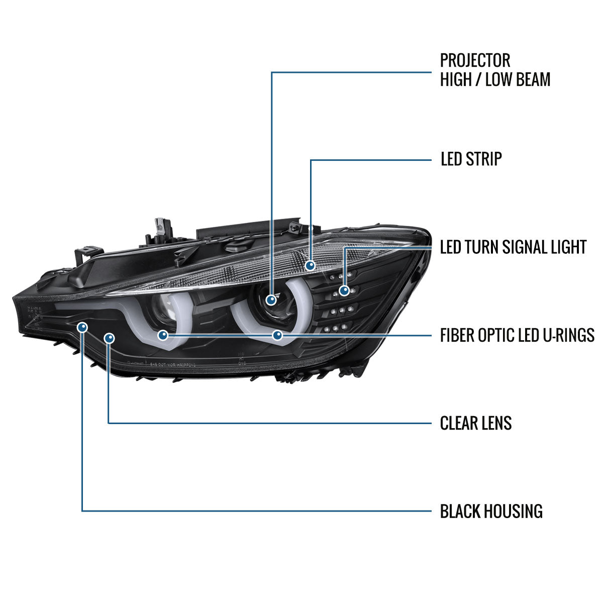 Ronnin -  Fits 2012-2015 BMW F30 3-Series Sedan 328i 335i 320i Xenon Non-AFS Upgraded U-Shaped LED Tube Projector Headlights Assembly Pair | Black