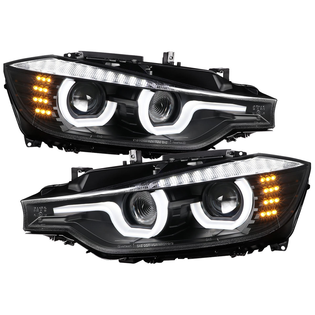 Ronnin -  Fits 2012-2015 BMW F30 3-Series Sedan 328i 335i 320i Xenon Non-AFS Upgraded U-Shaped LED Tube Projector Headlights Assembly Pair | Black