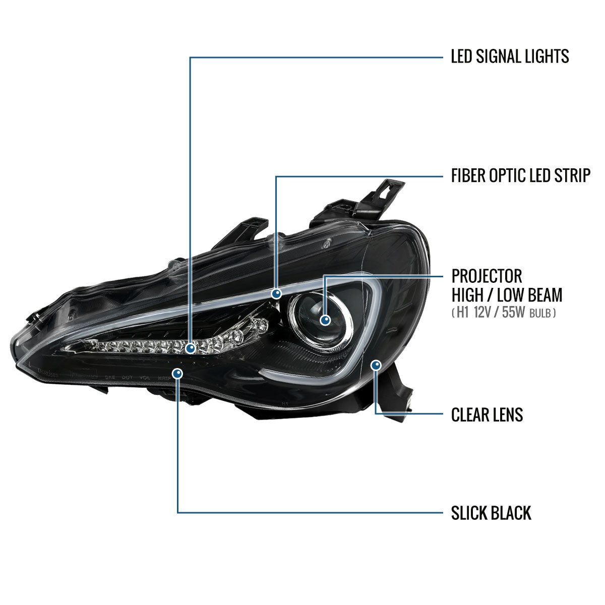 Ronnin - Fits 2013-2016 Scion FR-S Upgrade LED Running Lights Tube Projector Halogen Headlights Assembly Pair | Gloss Black