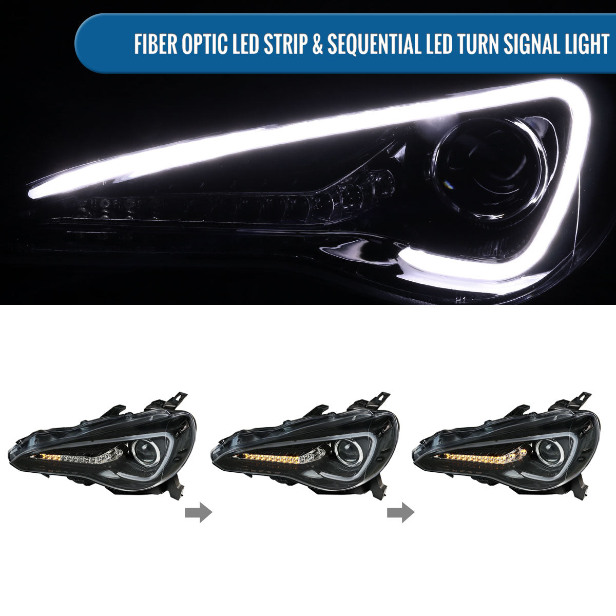 Ronnin - Fits 2013-2016 Scion FR-S Upgrade LED Sequential Turn Signals Projector Halogen Headlights Assembly Pair | Gloss Black