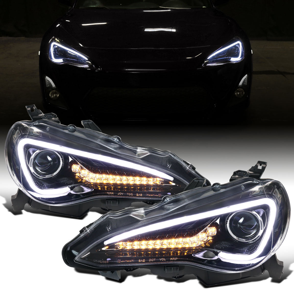 Ronnin - Fits 2013-2016 Scion FR-S Upgrade LED Sequential Turn Signals Projector Halogen Headlights Assembly Pair | Gloss Black