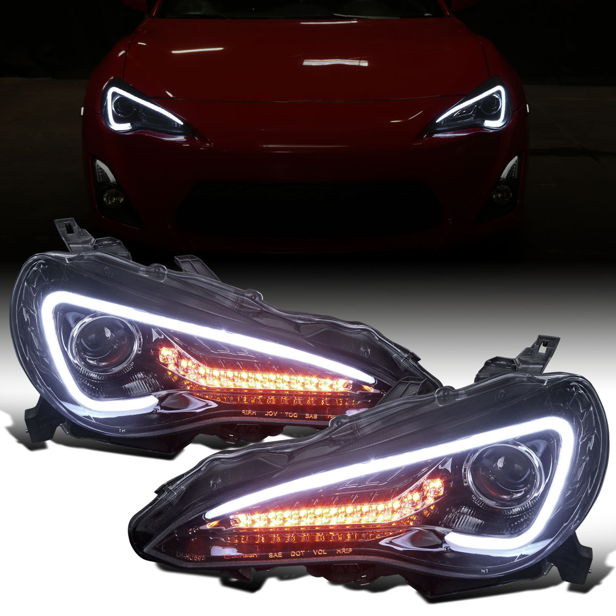 Ronnin - Fits 2013-2016 Scion FR-S Upgrade LED Running Lights Tube Projector Halogen Headlights Assembly Pair | Black Smoke
