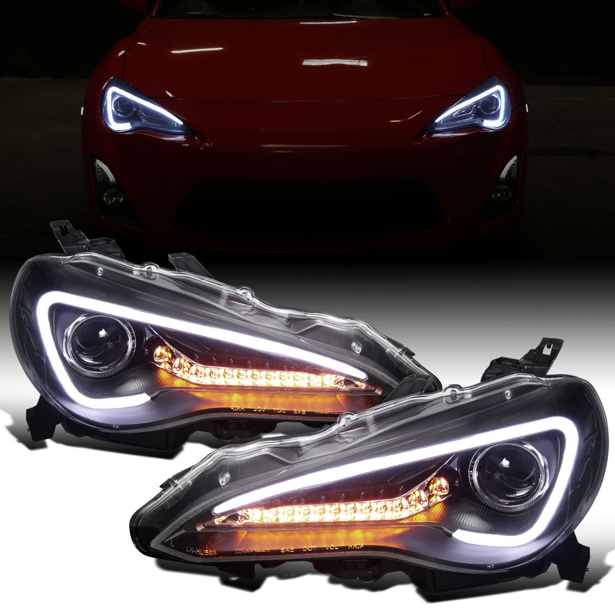 Ronnin - Fits 2013-2016 Scion FR-S Upgrade LED Running Lights Tube Projector Halogen Headlights Assembly Pair | Black