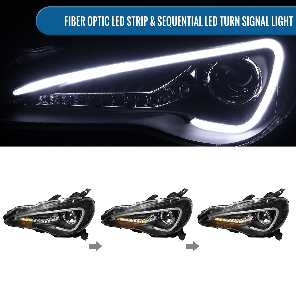 Ronnin - Fits 2013-2016 Scion FR-S Upgrade LED Sequential Turn Signals Projector Halogen Headlights Assembly Pair | Black