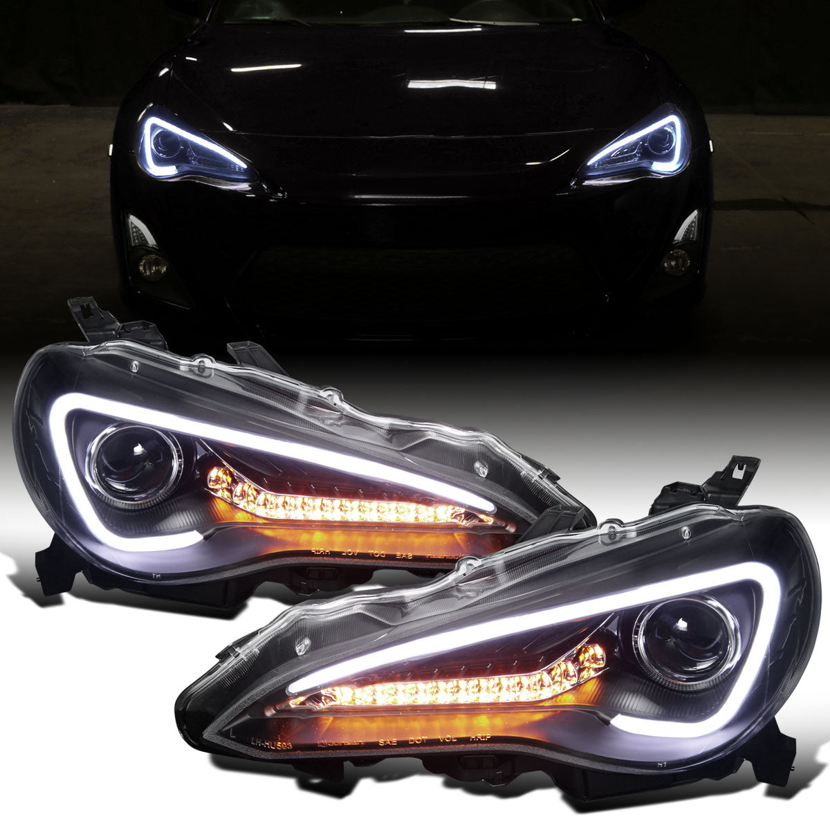 Ronnin - Fits 2013-2016 Scion FR-S Upgrade LED Sequential Turn Signals Projector Halogen Headlights Assembly Pair | Black