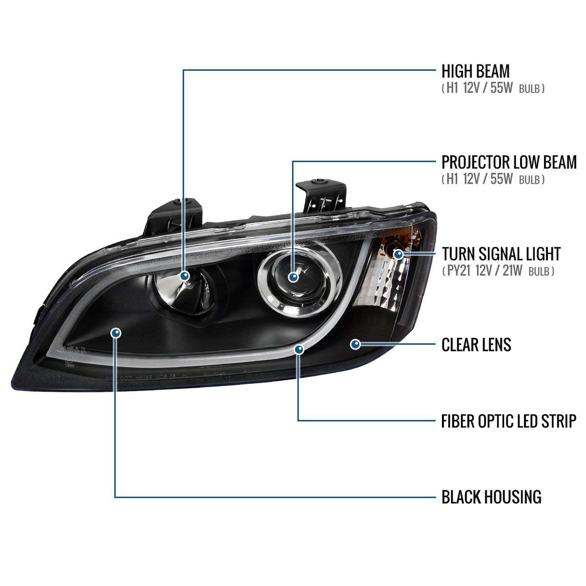 Ronnin - Fits 2008-2009 Pontiac G8 Upgraded Replacement LED Tube Running Lights Projector Headlights Assembly Pair | Black