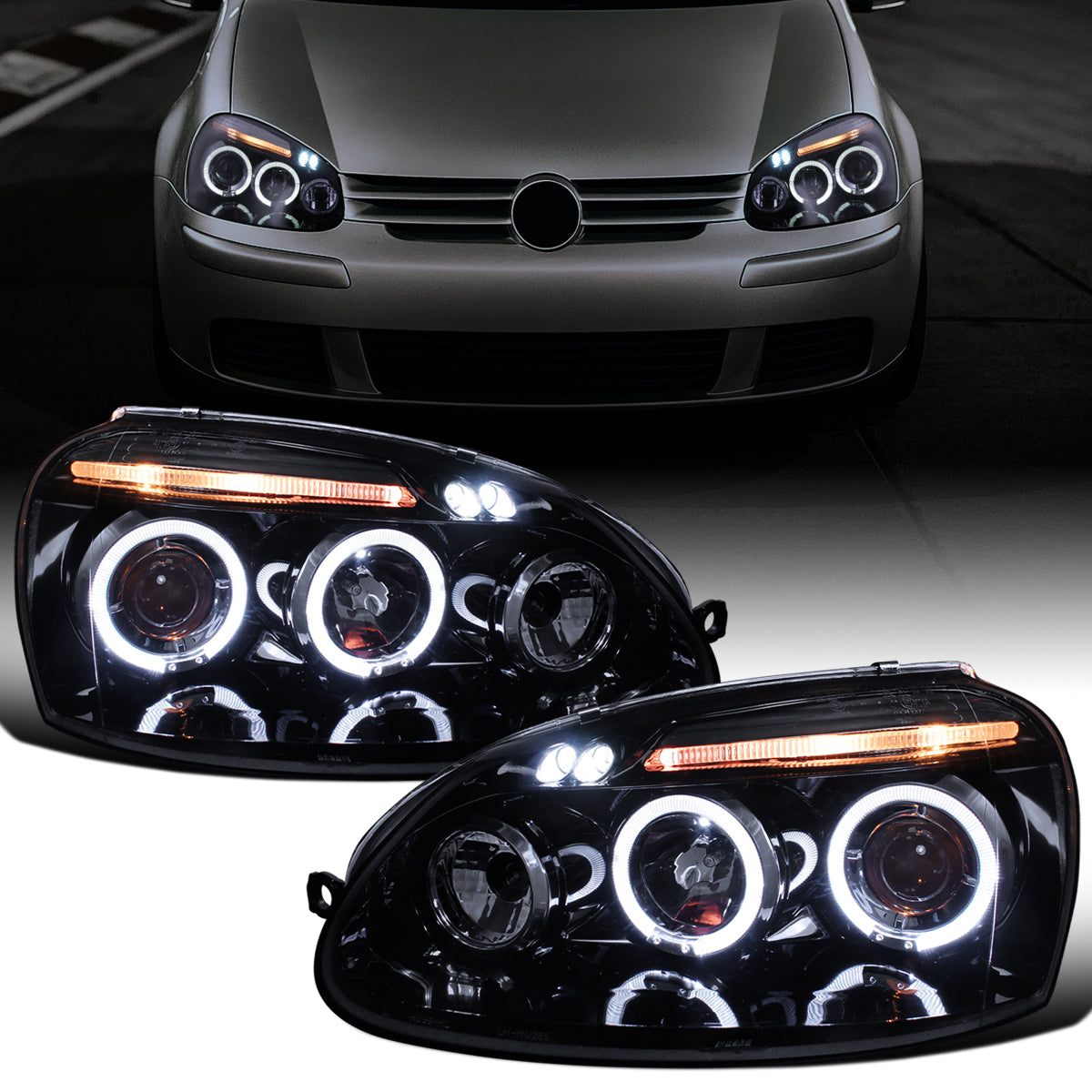 Ronnin - Fits 2006-2008 Volkswagen Golf MK5 Rabbit 2006-2010 Jetta LED Dual Halo Rims Angel Eye Projector Headlights Direct Replacement Pair | Black Smoke