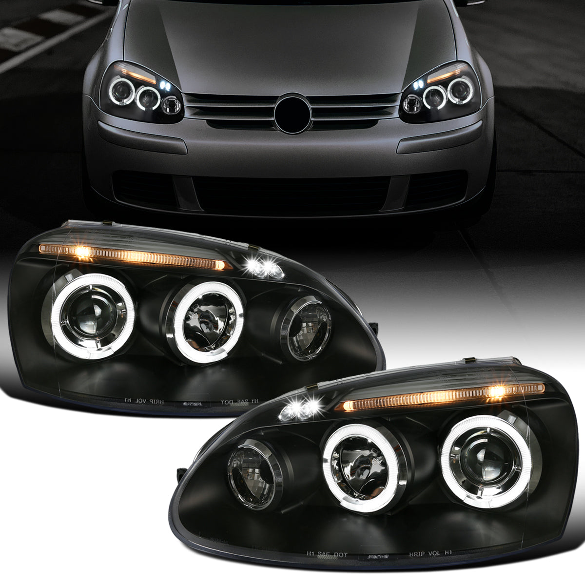 Ronnin - Fits 2006-2008 Volkswagen Golf MK5 Rabbit 2006-2010 Jetta LED Dual Halo Rims Angel Eye Projector Headlights Direct Replacement Pair | Black