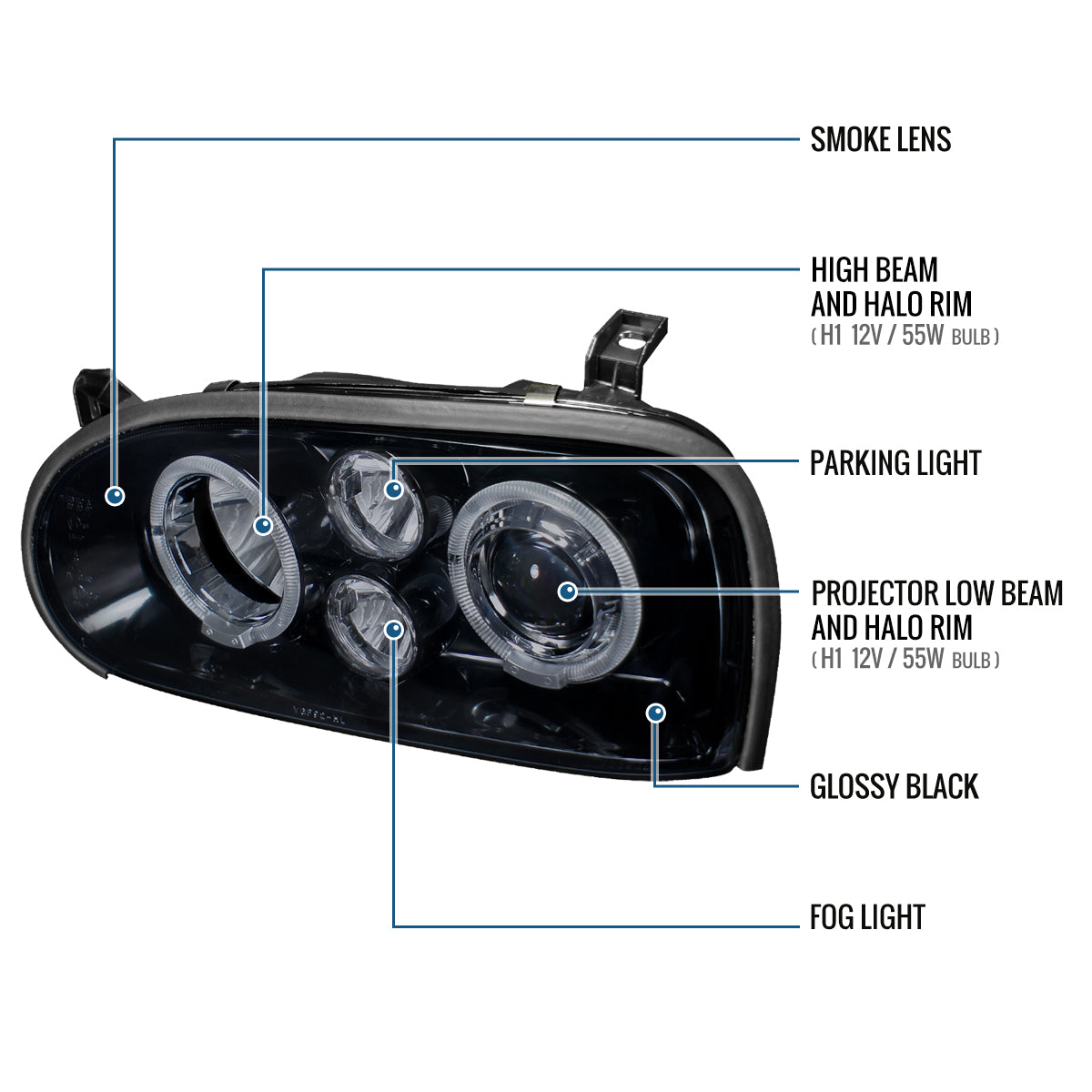 Ronnin - Fits 1993-1998 Volkswagen Golf Cabrio Upgrade Replacement LED Dual Rims Projector Headlights Assembly Pair | Black Smoke