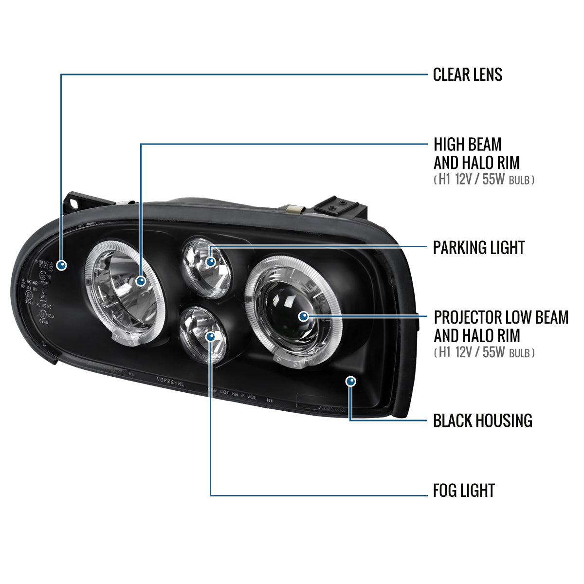 Ronnin - Fits 1993-1998 Volkswagen Golf Cabrio Upgrade Replacement LED Dual Rims Projector Headlights Assembly Pair | Black