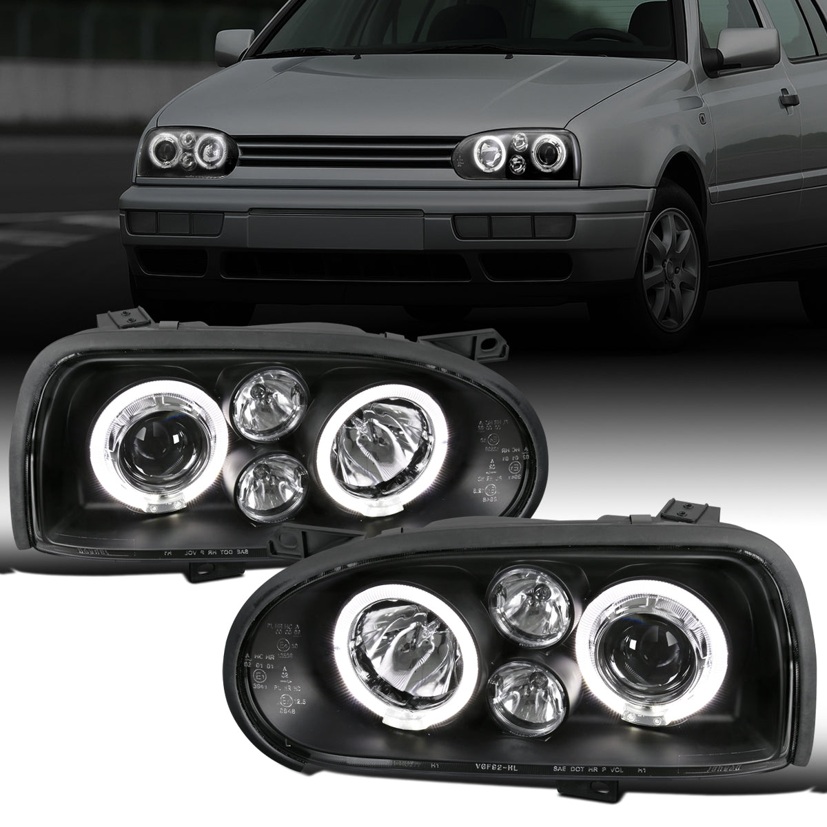 Ronnin - Fits 1993-1998 Volkswagen Golf Cabrio Upgrade Replacement LED Dual Rims Projector Headlights Assembly Pair | Black